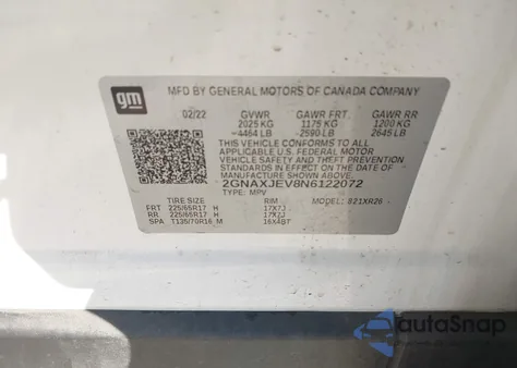 2022 Chevrolet Equinox Fwd 2Fl from USA, damaged, VIN 2GNAXJEV8N6122072